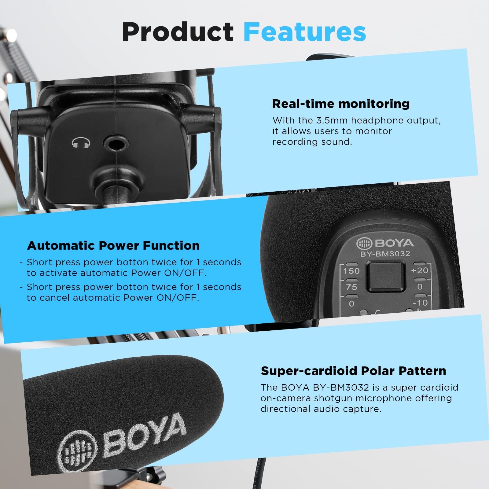 BOYA Camera Microphone, Shotgun Mic, Low Cut Filter, Gain, BY-BM3032