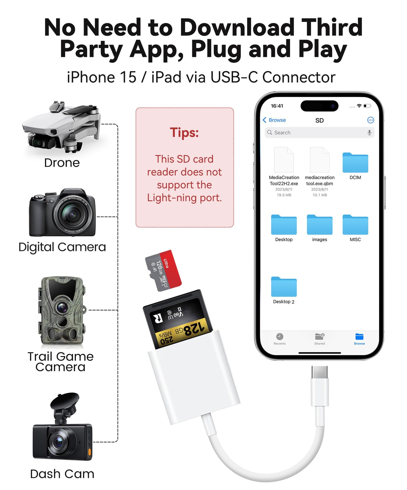 USB C SD Card Reader for iPhone 15 16/iPad/MacBook/Mac, 2 port, White