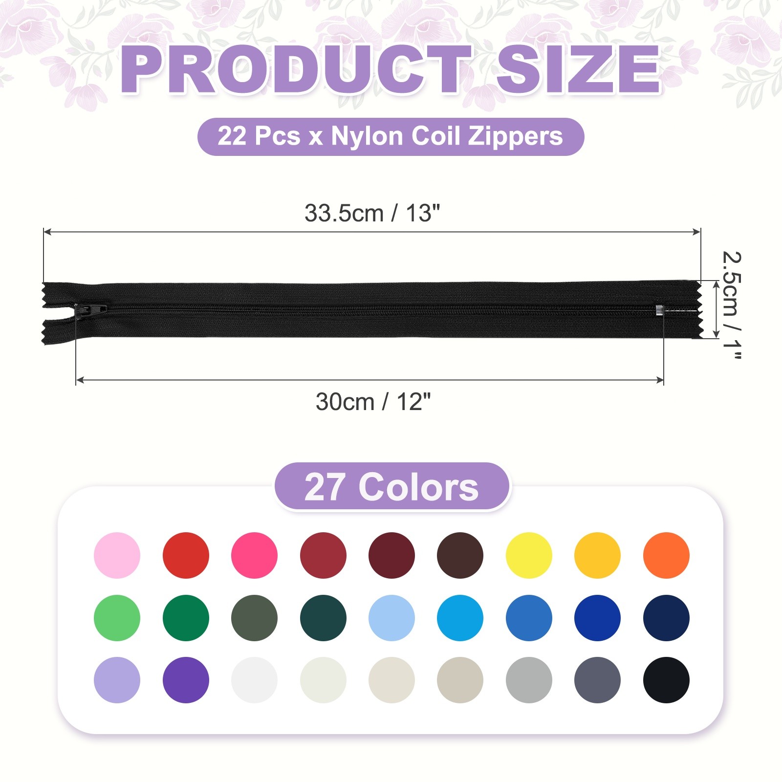 13 Inch Nylon Coil Zippers, #3 Black Sewing Zippers,Pack of 22