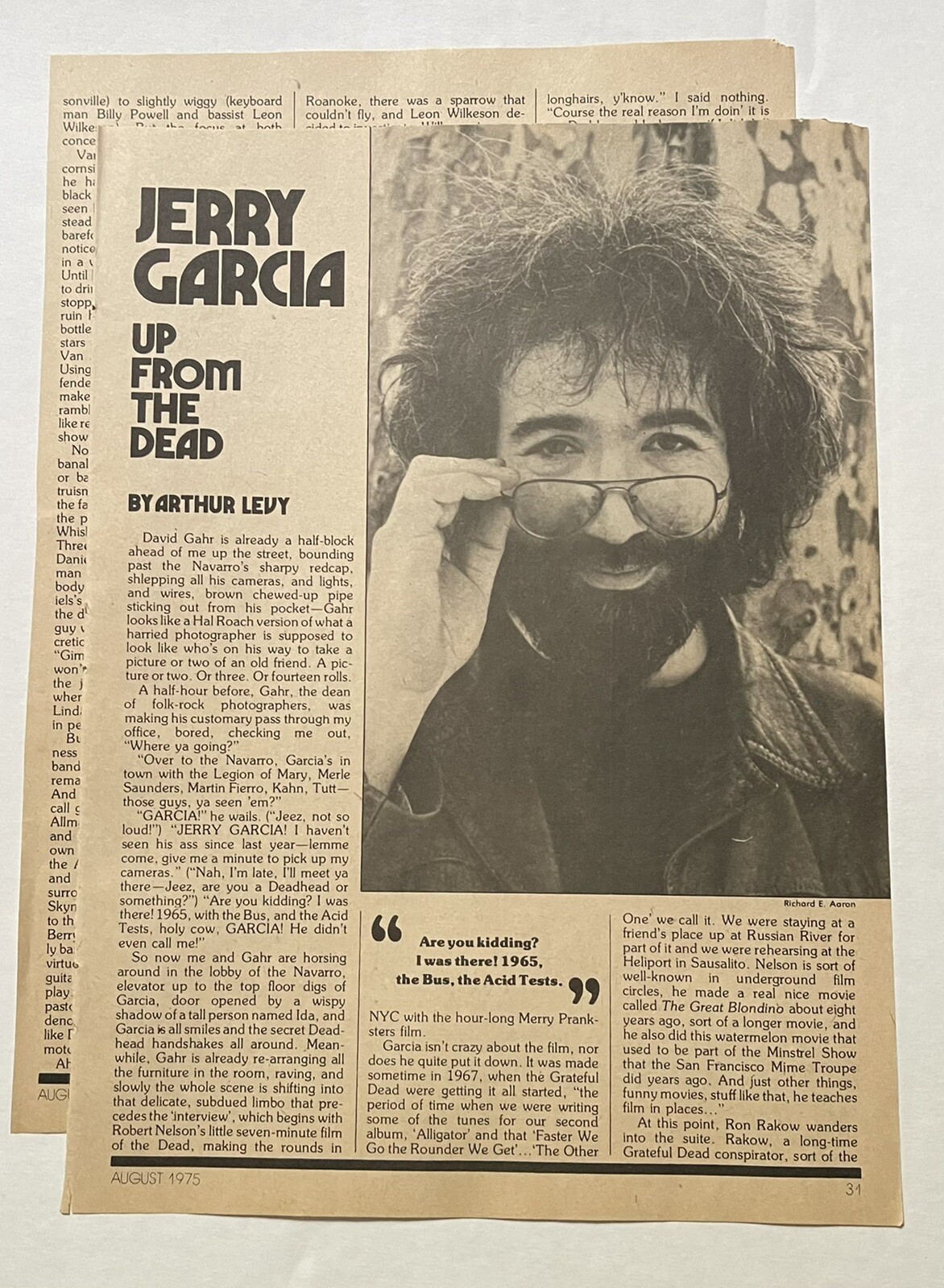 Vintage 1975 Jerry Garcia Grateful Dead Full Magazine Article Clipping