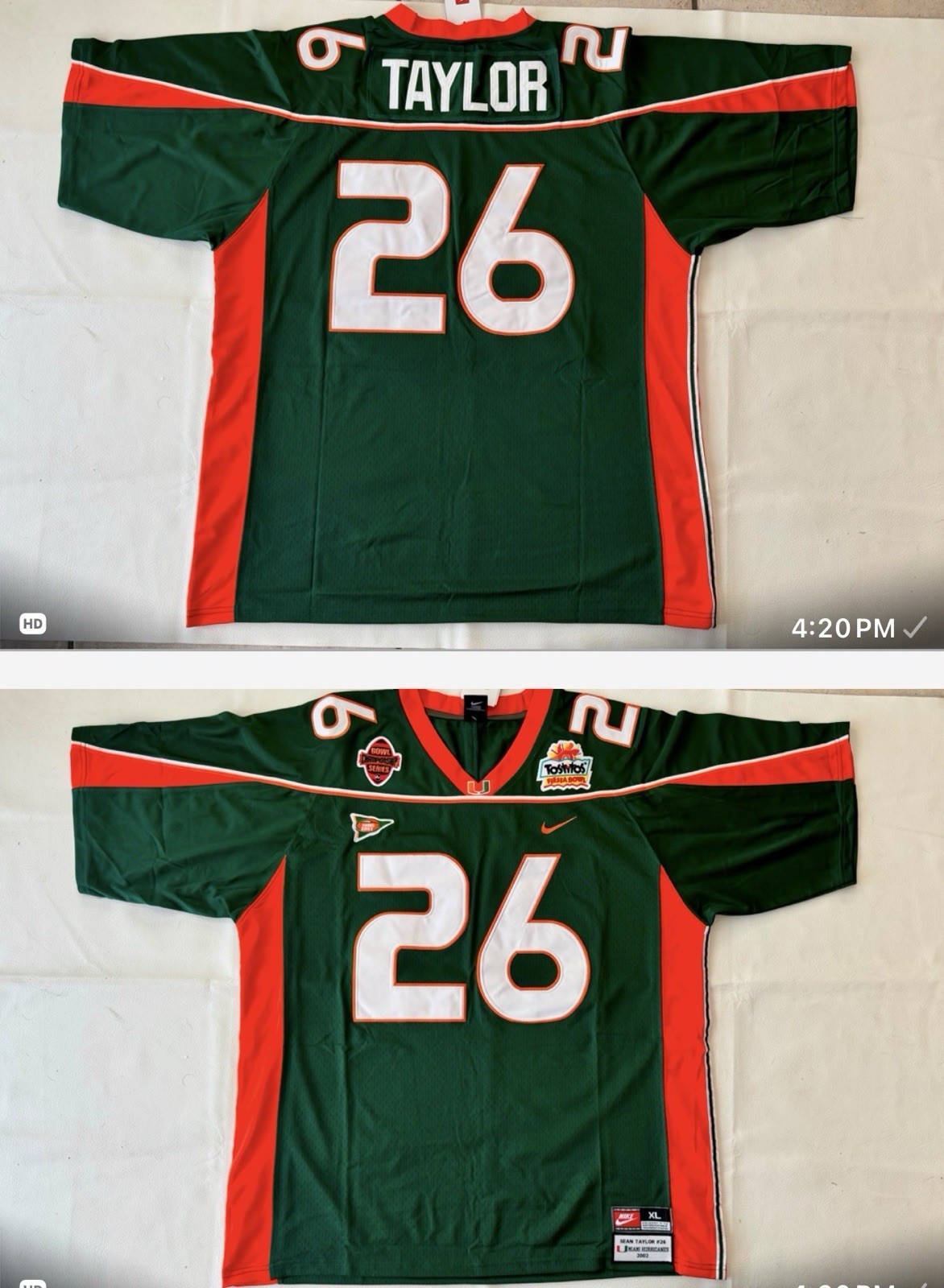 Sean Taylor Miami Hurricanes 2003  Green Jersey Tostitos Bowl Jersey XL