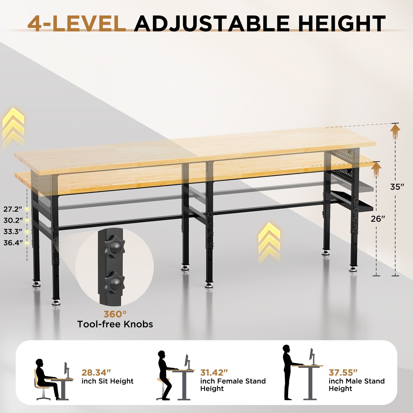 96" Solid Wood Workbench 2000 lbs, Adjustable Height, Power Outlet