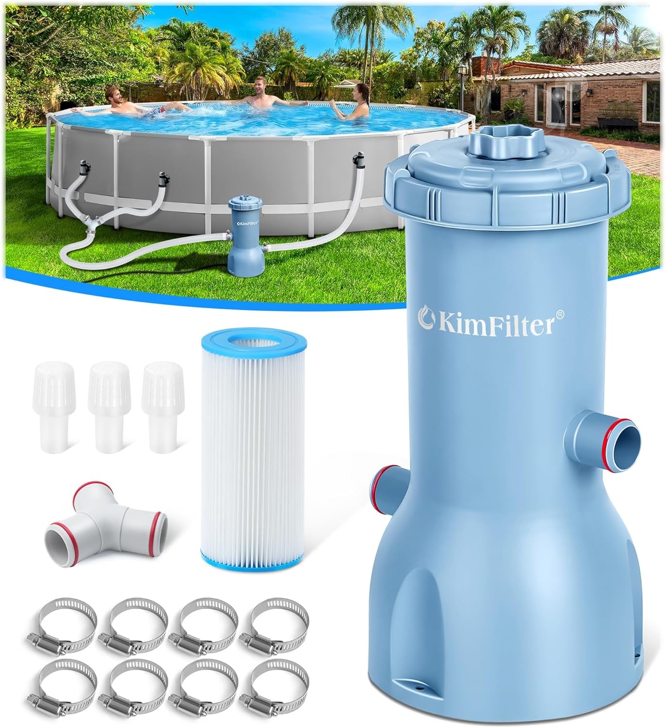 KimFilter Pro 1000 GPH Above Ground Pool Cartridge Filter Pump System Blue
