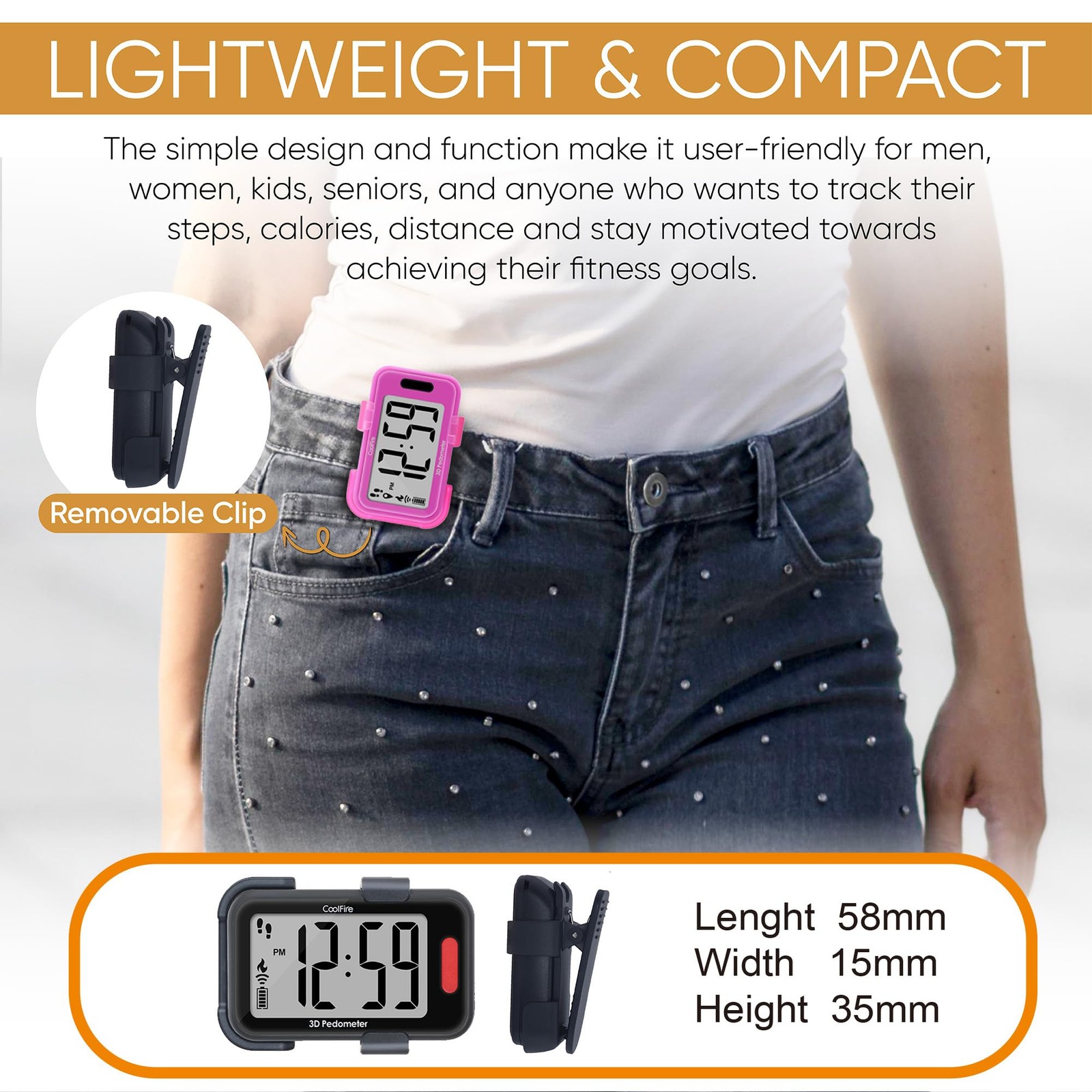 CoolFire - Clip-On 3D Pedometer Step Counter for Walking Steps, mat black