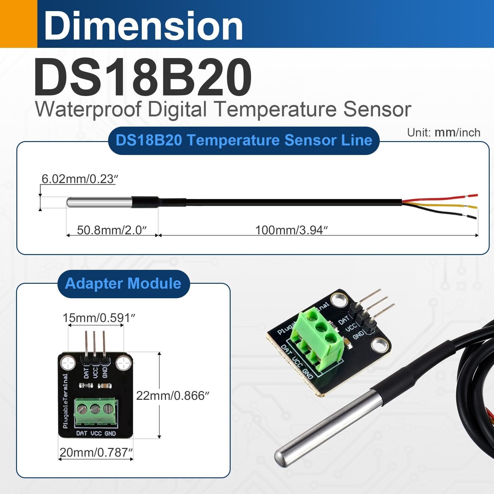 DS18B20 Digital Waterproof Temperature Sensor Probes Plugin Adapter 4Pack
