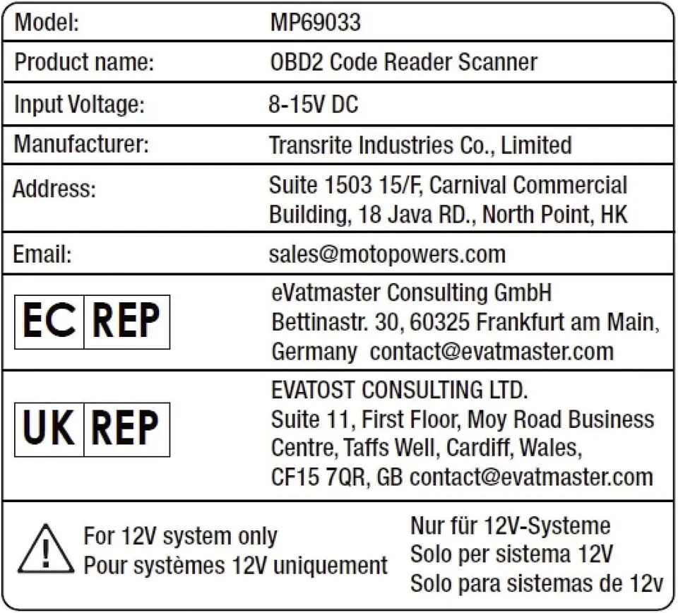 MOTOPOWER MP69033 Car OBD2 Scanner Code Reader Engine Fault Scanner CAN Diagnost