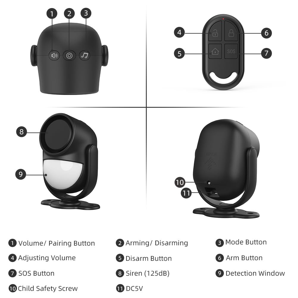 125dB Loud Motion Sensor Alarm with 328ft Remote Control(40ft PIR Detector, 3...