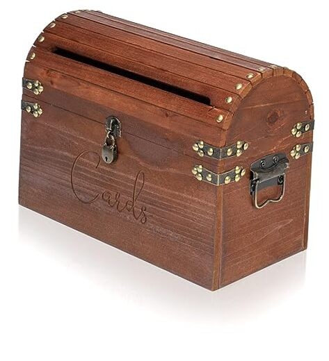 14” x 6.5” Vintage Decorative Wooden Chest Card Box with Handles, Brown