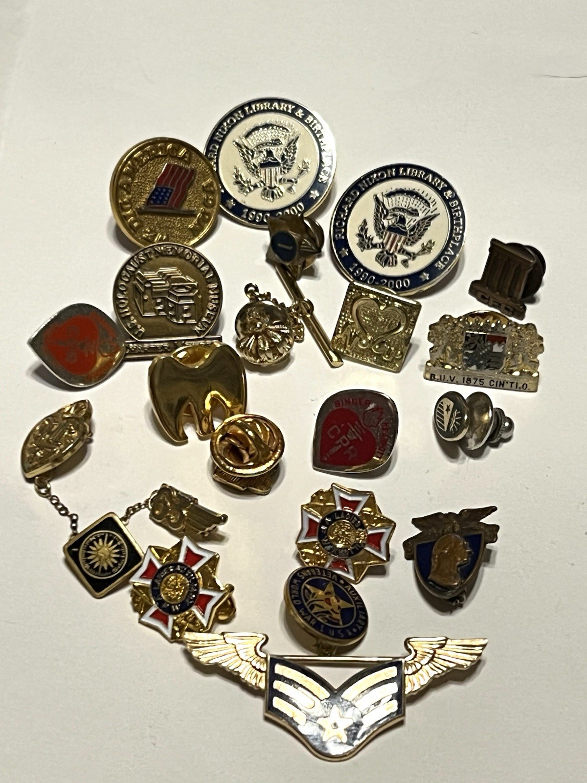 Lot Of 21 Lapel Pens Pinbacks And Other Vintage To Antique Military Gov’t. Etc