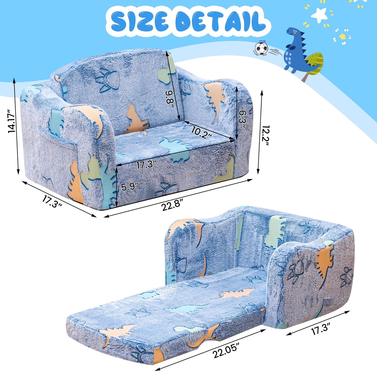 2-in-1 Toddler Couch,Glow in The Dark Baby Floor Bed,Foldable Toddler Chair K...