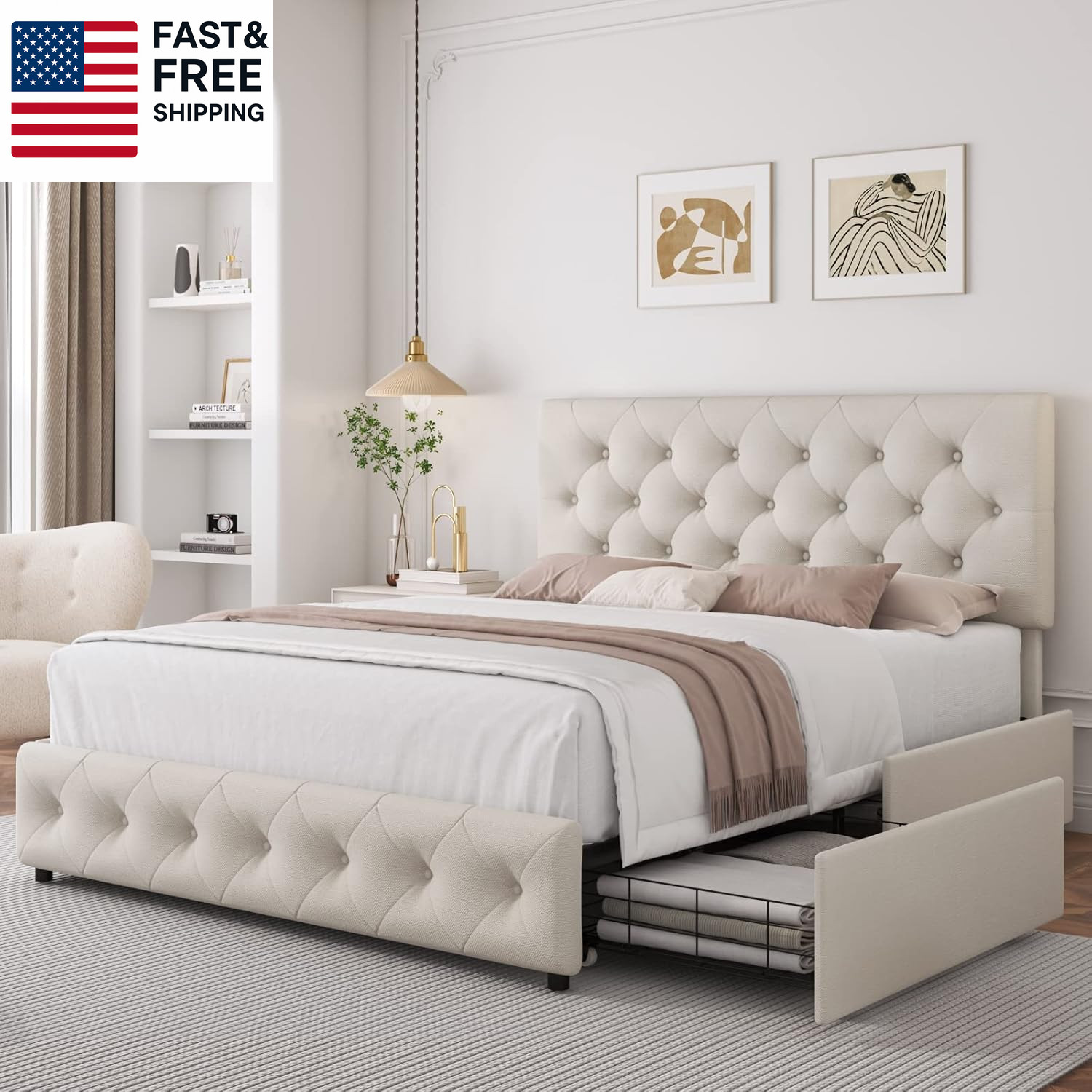 Queen Bed Frame with 4 Storage Drawers and Adjustable Headboard, Upholstered Pla