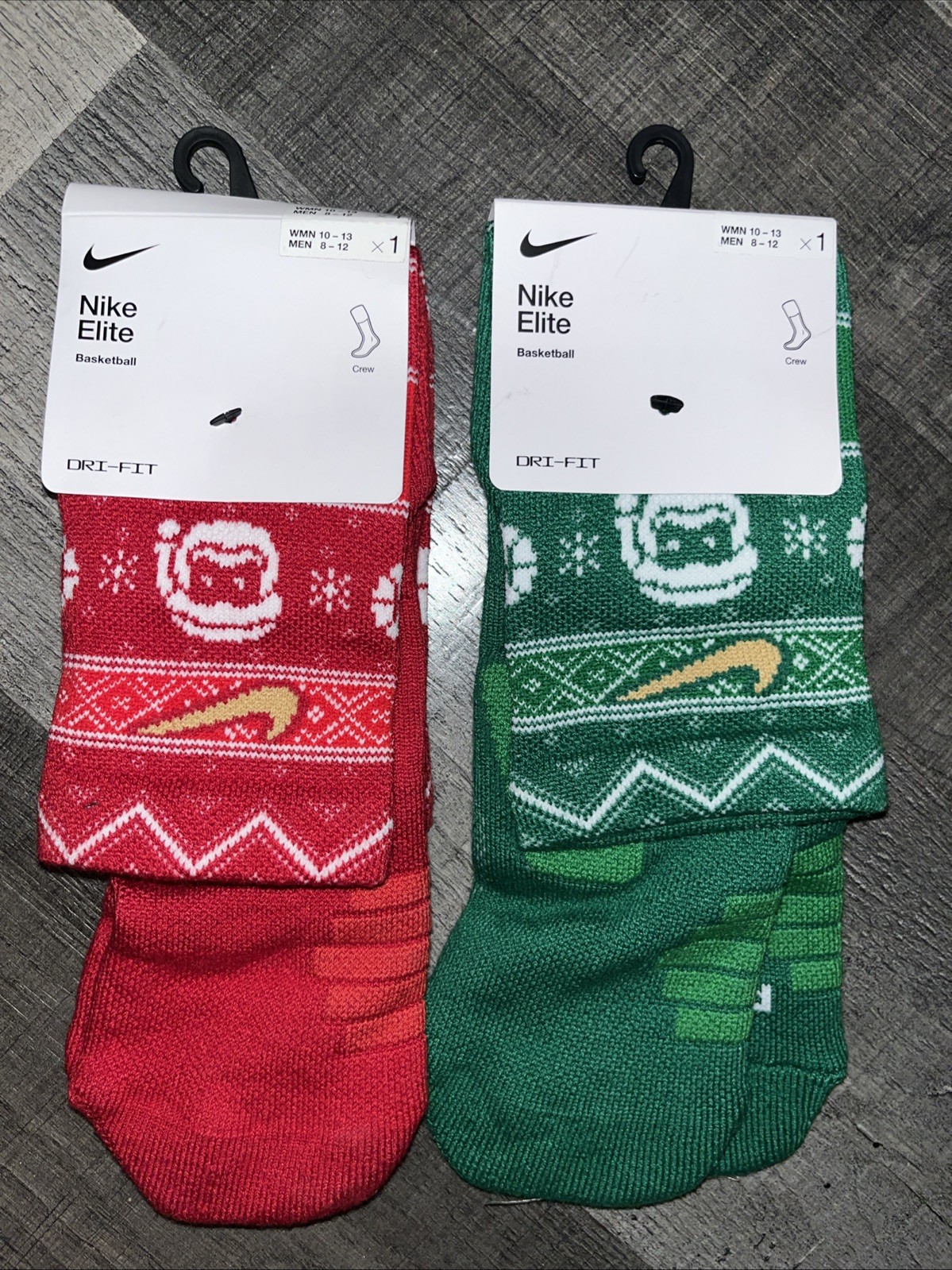 NIKE ELITE BASKETBALL DRI FIT CREW LENGTH CHRISTMAS SOCKS 2 PAIR SET MEN 8-12 LG