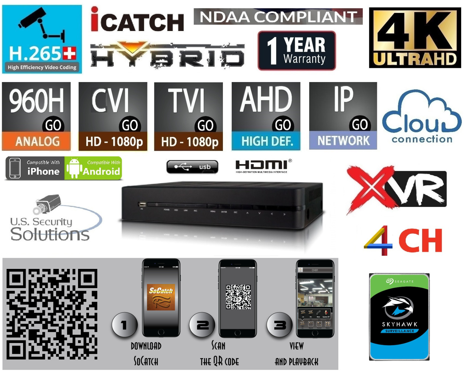 4 Channels H.265+ 4K Ultra HD Hybrid Security DVR HD-CVI/TVI/AHD/960H/IP/P2P