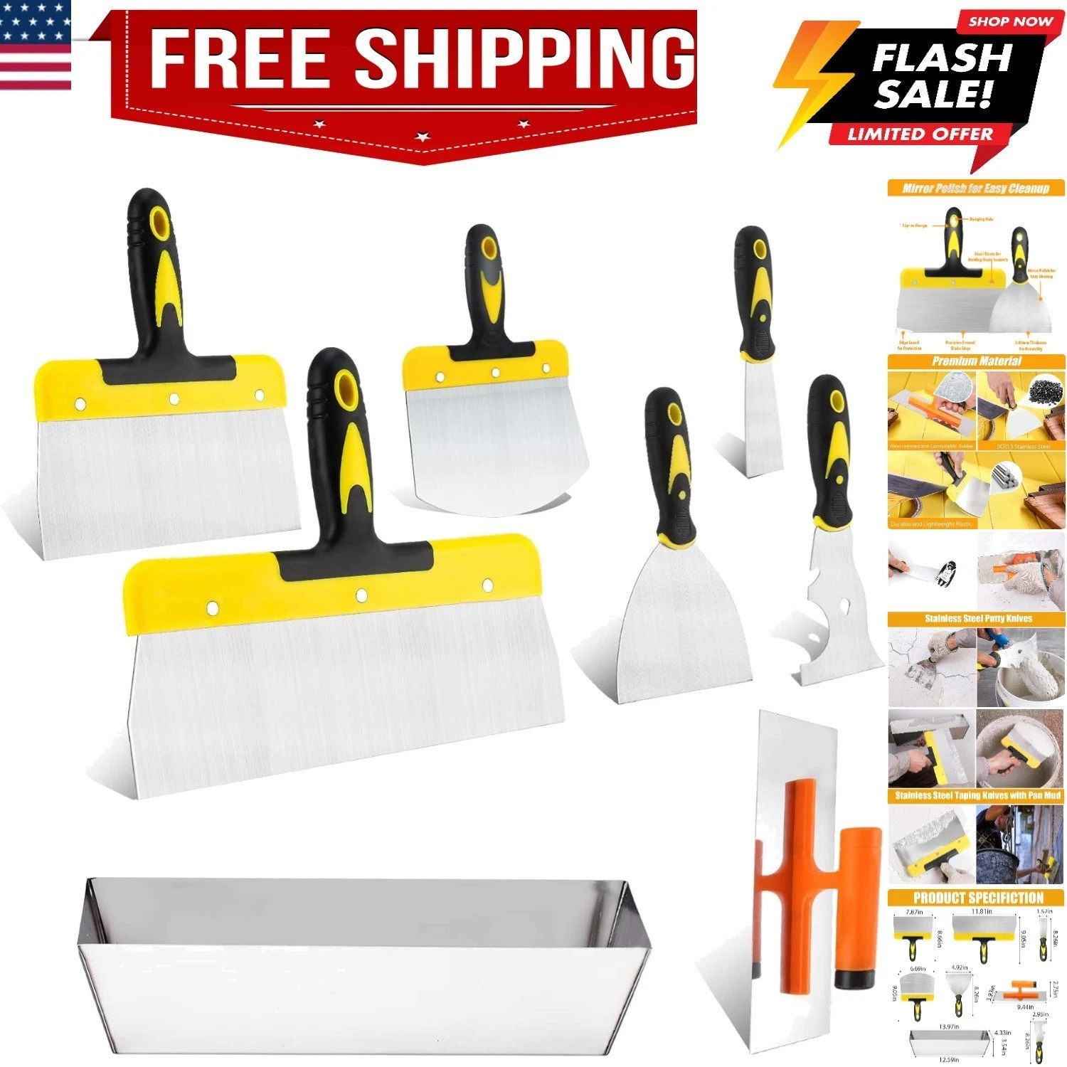 Drywall Knife Set, 8 Pieces Stainless Steel Drywall Hand Tool Kit Includes Ta...