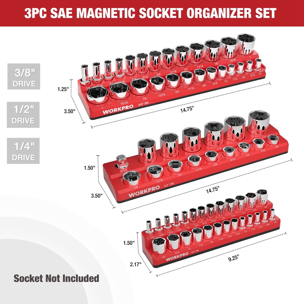 WORKPRO 3PCS Magnetic Socket Organizer Set SAE 1/4" 3/8" 1/2" Drive Socket Trays