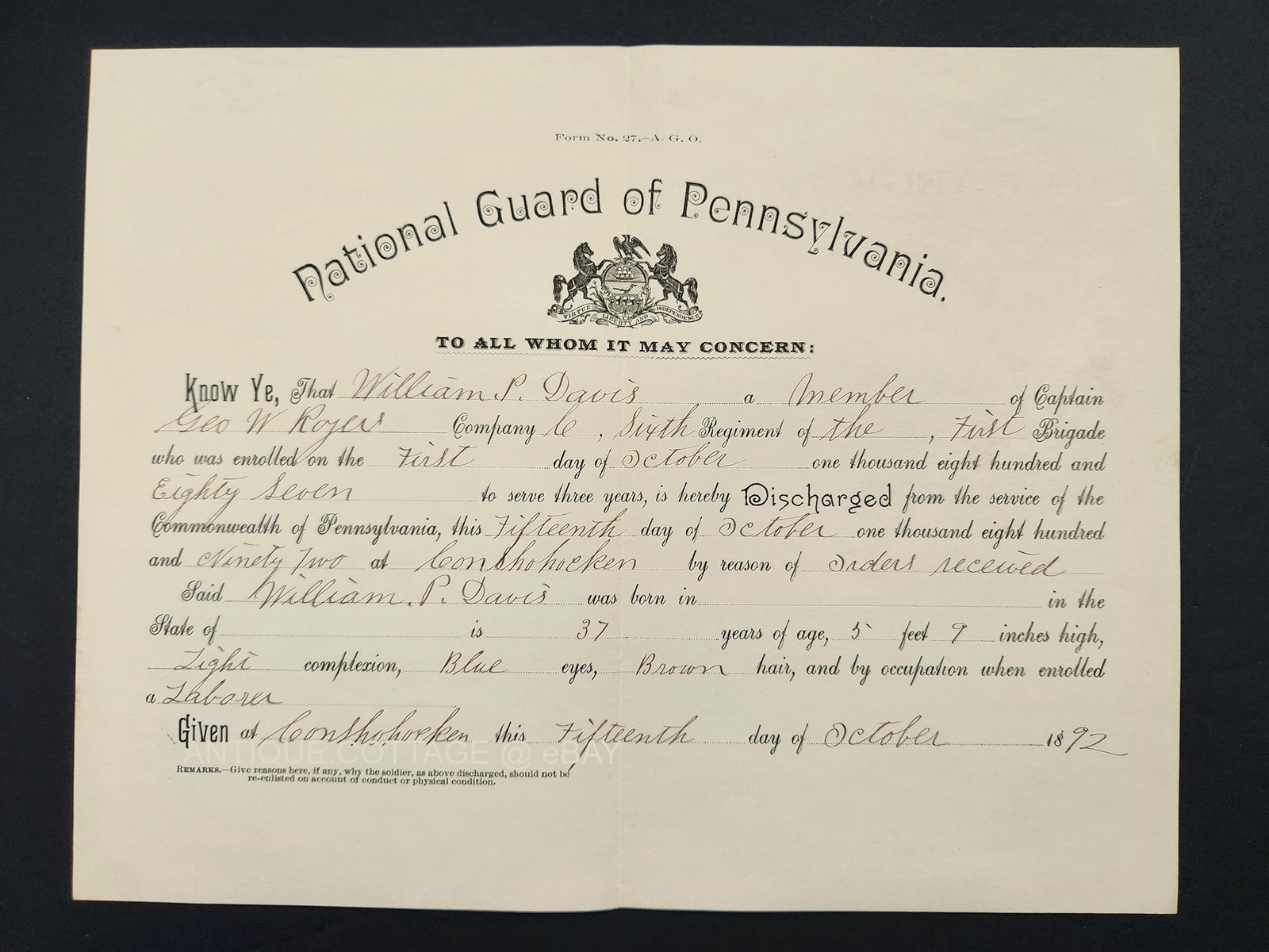1892 antique NATIONAL GUARD PA DISCHARGE Co C conshohocken WILLIAM DAVIS royer
