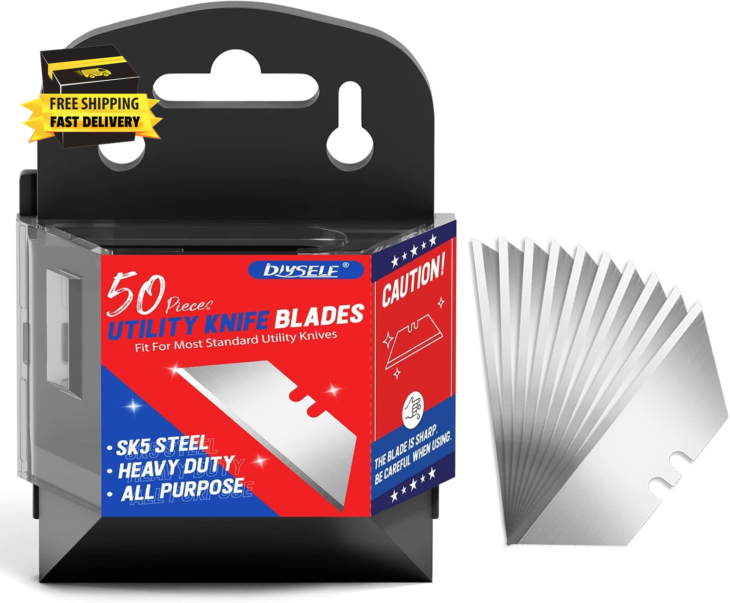 50 Pack Utility Knife Blades, SK5 Steel Box Cutter Blades with Dispenser, Standa