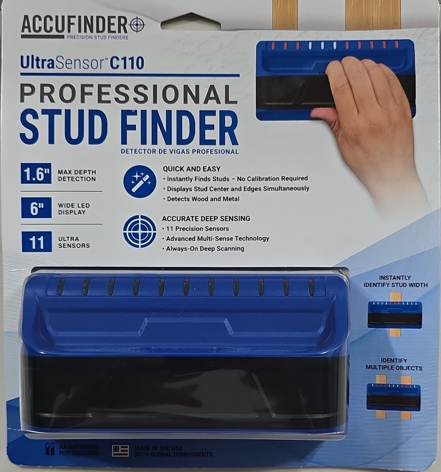 AccuFinder UltraSensor C110 Stud Finder 1.6" Max Depth Wide LED 11 Sensors. NEW.