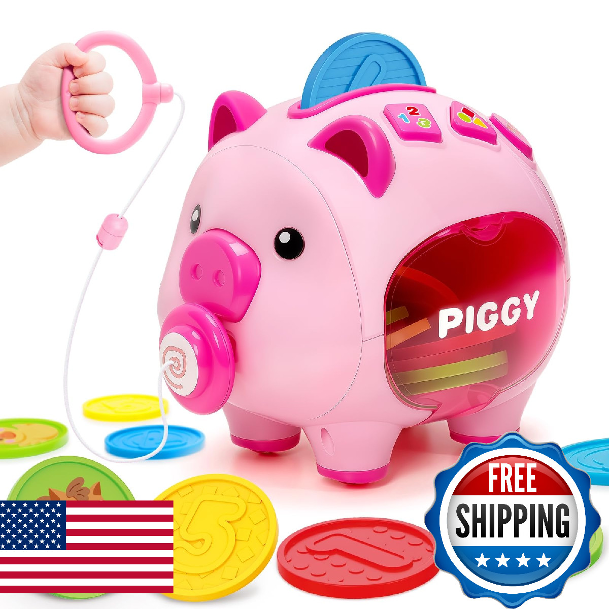 Musical Piggy Toys for 1 Year Old Girl Gift, Piggy Bank with Educational Number,