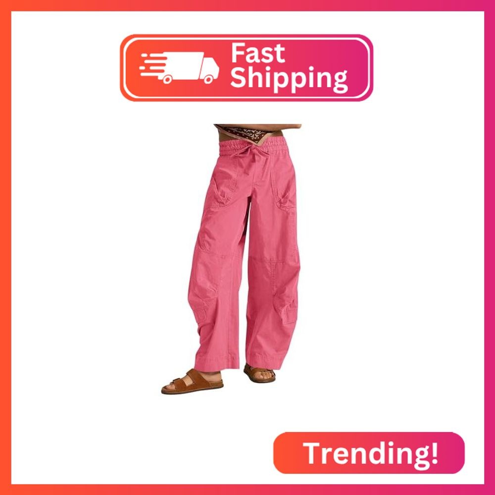 Aoysky Womens Baggy Barrel Wide Leg Pants Drawstring Elastic High Waisted Casual