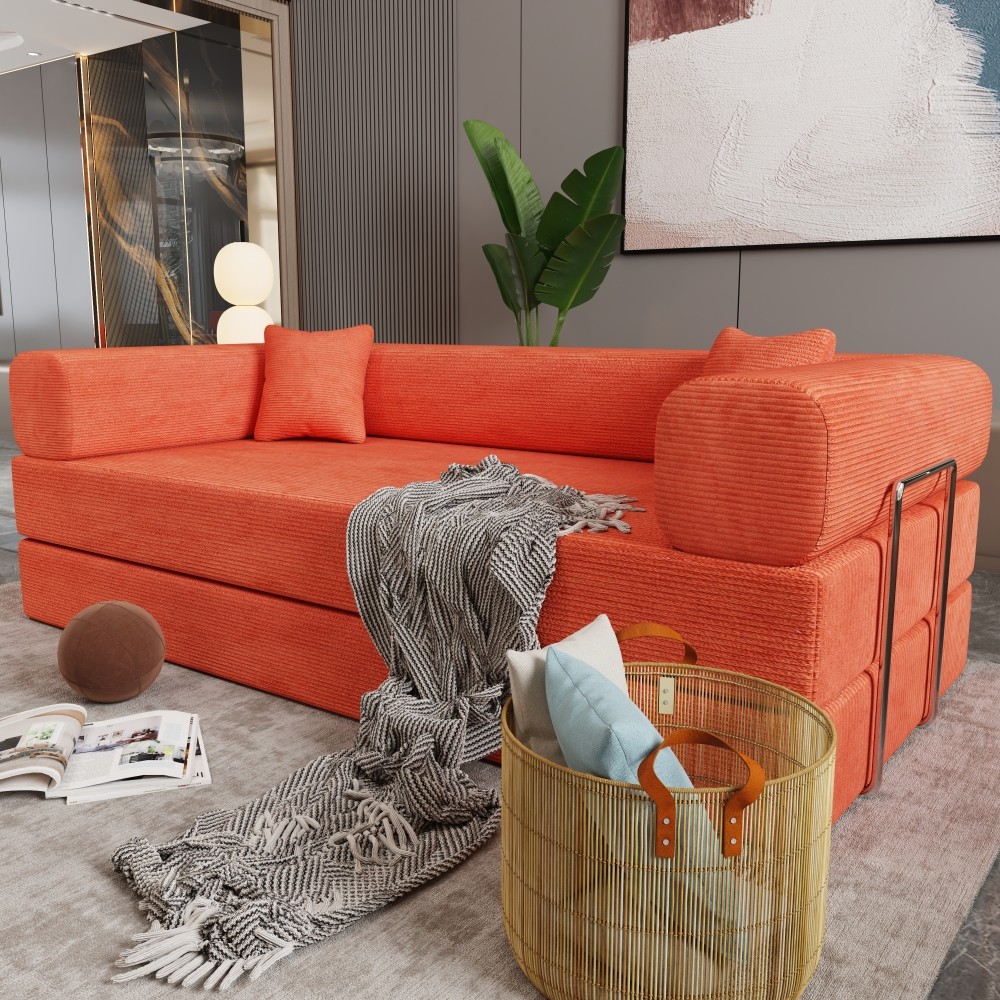 Sleeper Sofa Bed 2-Seater Convertible Couch Corduroy Foam Orange