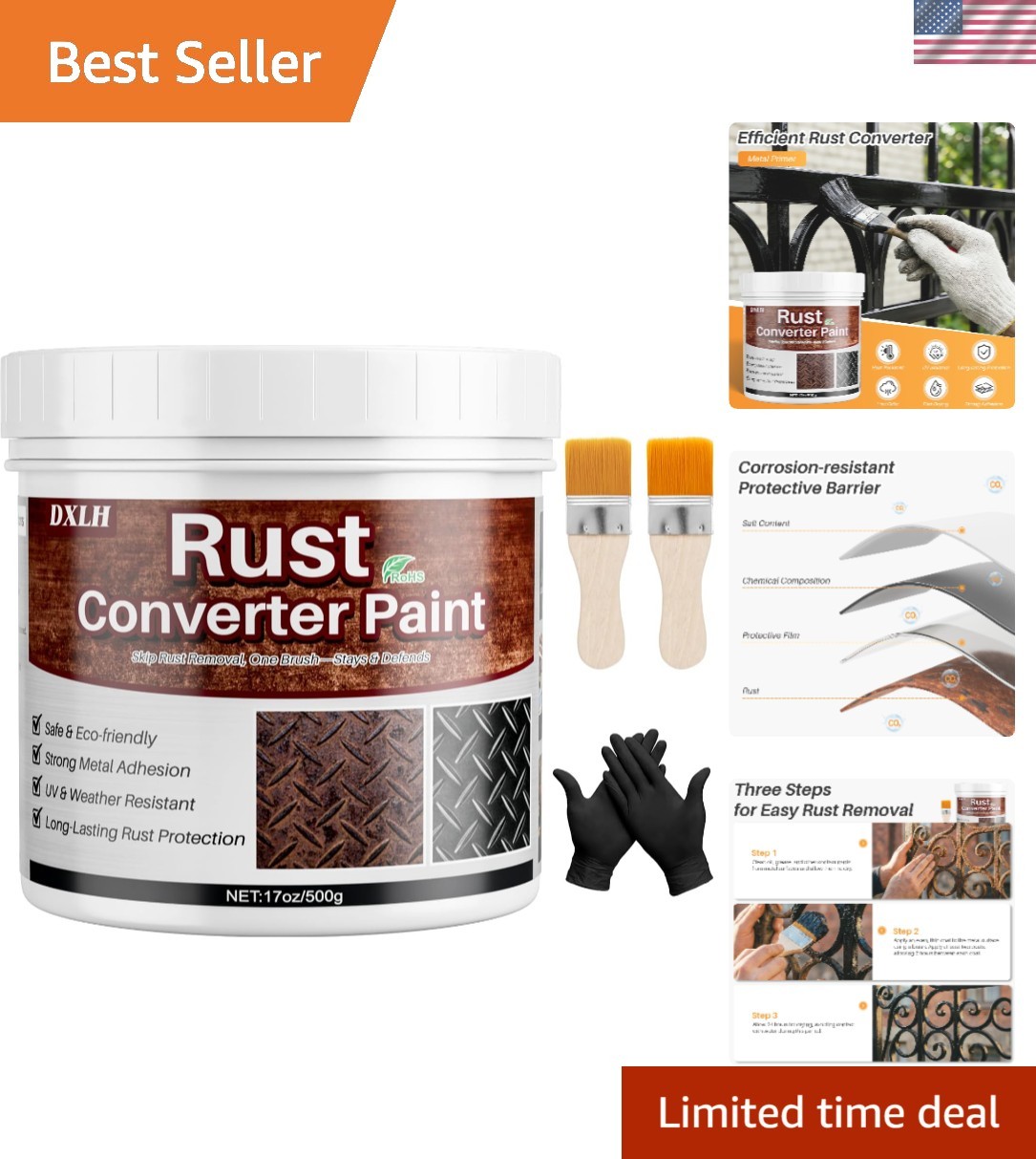 Heavy-Duty 2-in-1 Black Rust Reformer Paint - No Sanding, Waterproof Finish
