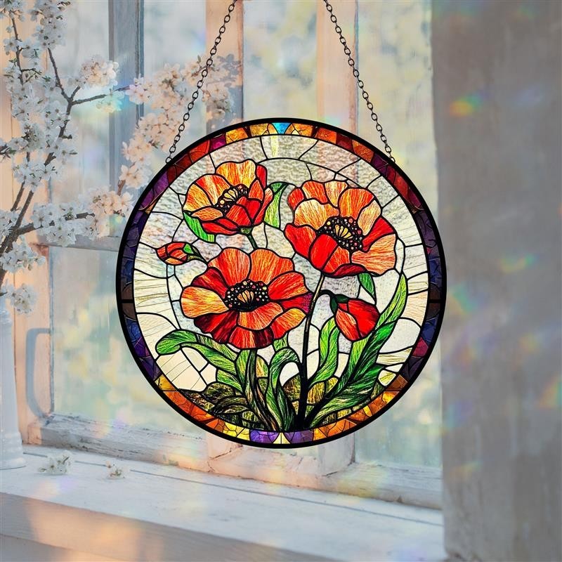 Poppy Flowers Suncatcher,Plant Home Decor,Botanical Art,Artistic Poppy,Memory