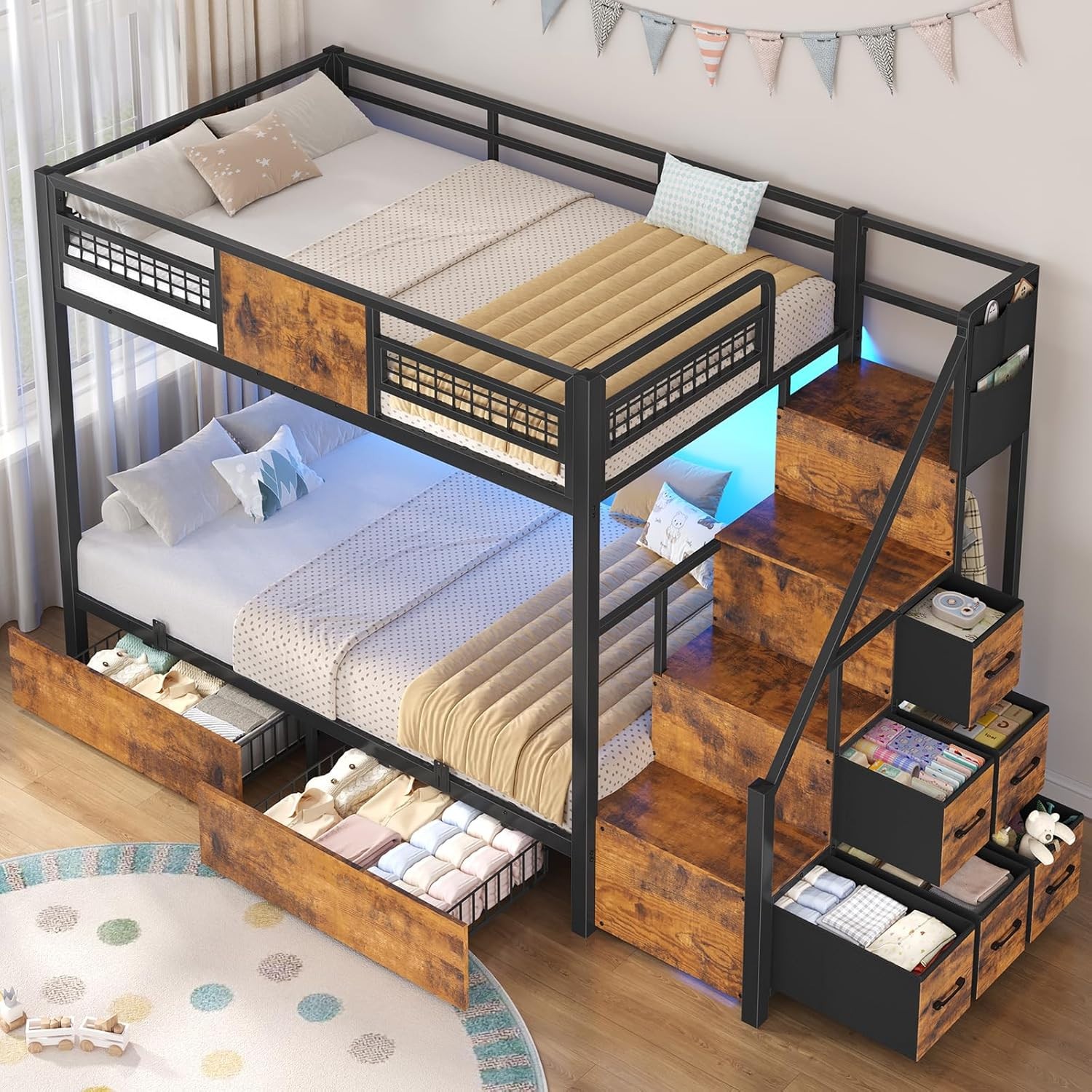 BTHFST Bunk Bed Twin over Twin with Stairs, LED Lights Twin Bunk Bed with 2 Stor