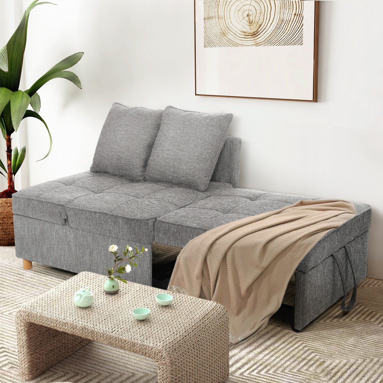 Folding Ottoman Sofa Bed Chair 4-in-1 Sleeper Sofa Adjustable Backrest+2 Pillows