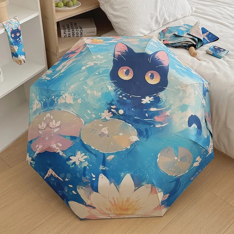 Cute Automatic Cat Pattern Folding Umbrella Protection Portable Travel