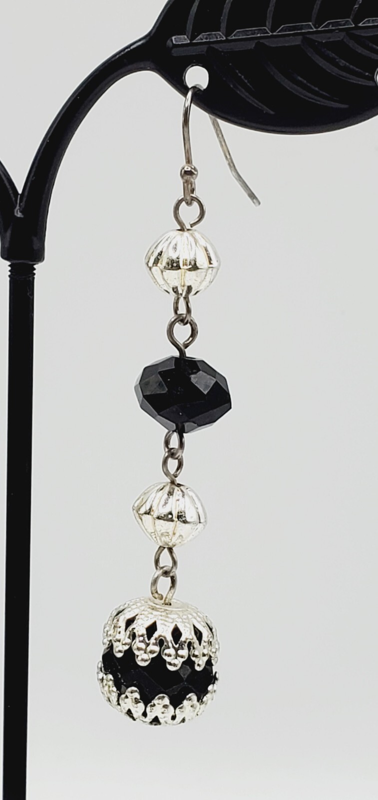 2.5" Asymmetrical Black Crystal & Silver Tone Dangling Pierced Earrings