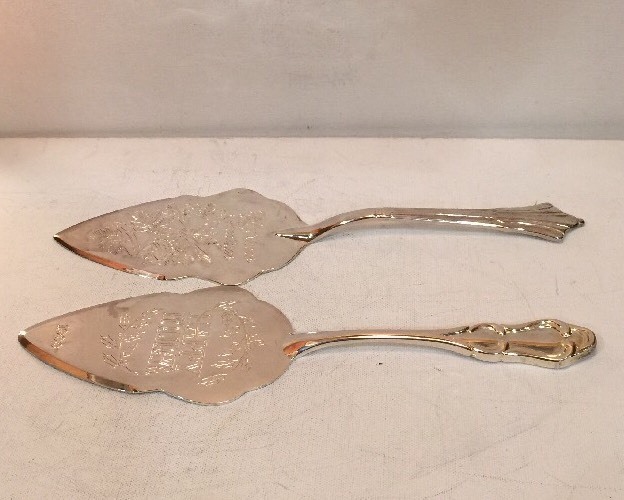Silverplate Two Cake Pie Servers Flatware " Happy Holiday" & "Christmas Greeting