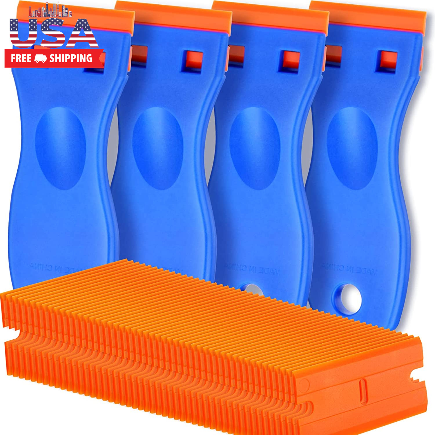 4 Pcs Plastic Razor Blade Scraper and 100 Pcs Blades, Remove Label Decal Tool， F