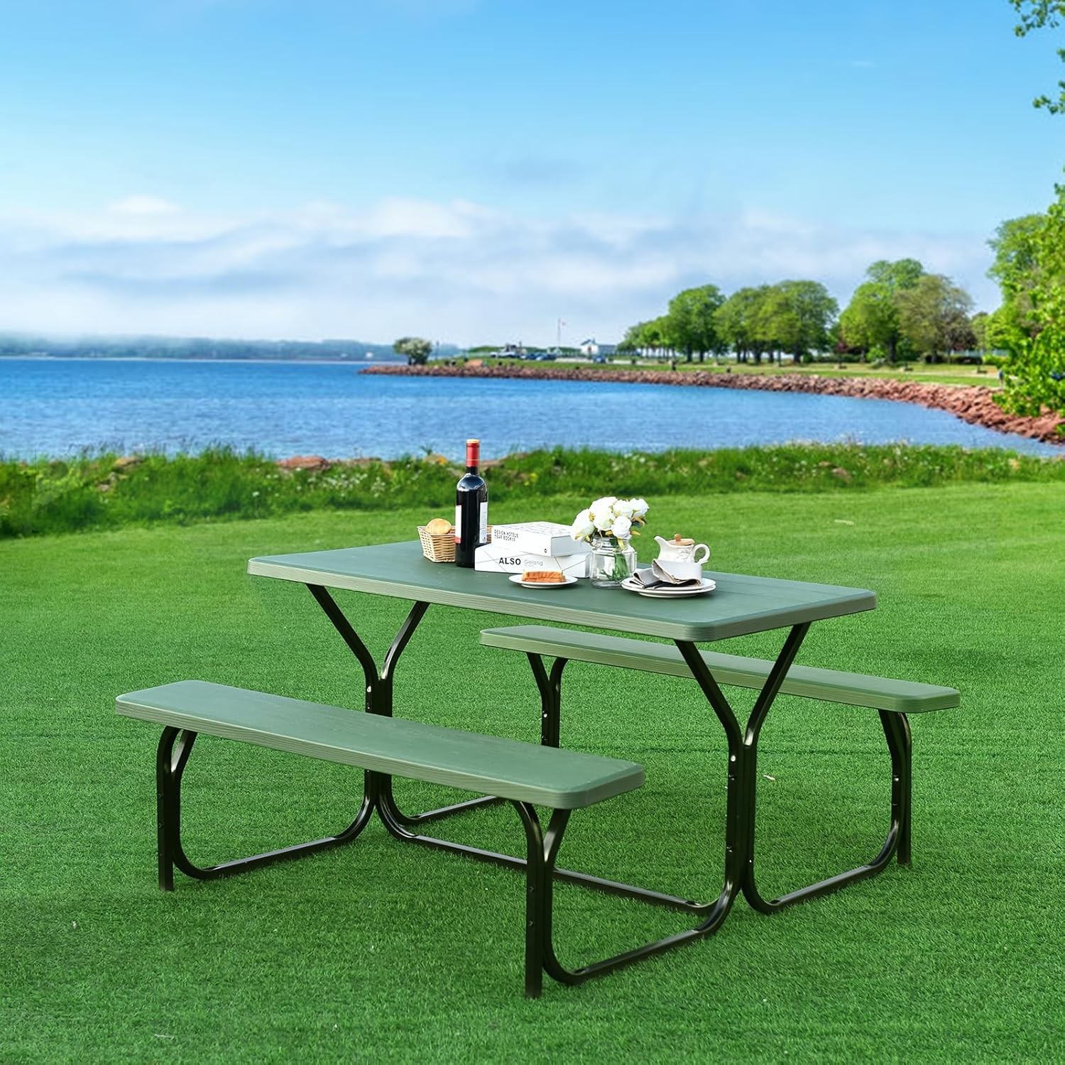 Picnic Tables, Rectangular Picnic Table with Steel Frame, 2 Benches Set, HDPE