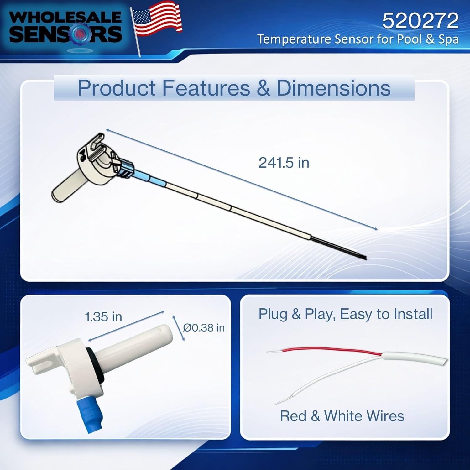 OEM Replacement Temperature Sensor for Pentair Systems - 20FT Cable Included