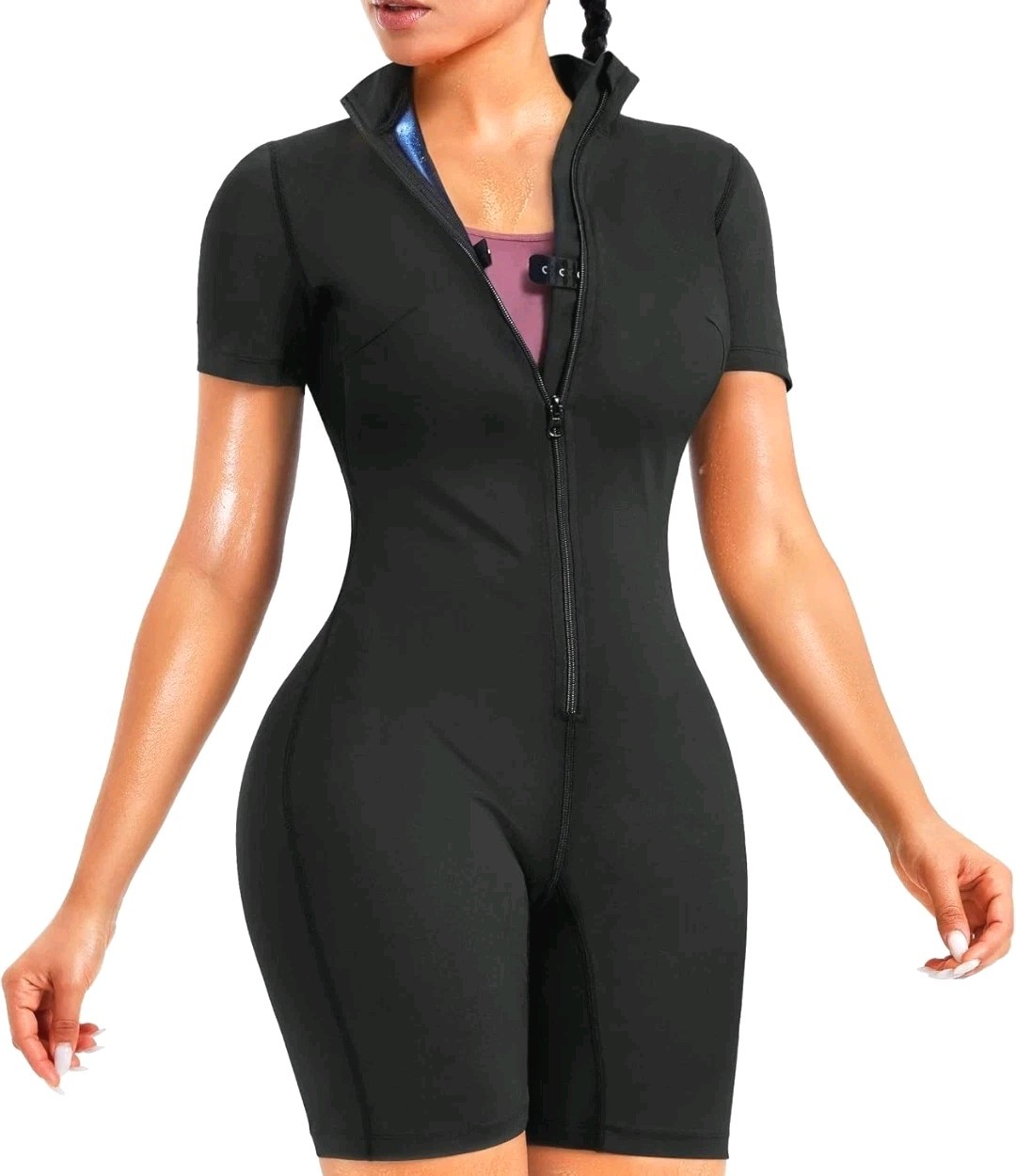 Junlan Sauna Suit for Women Full Body Jumpsuit Waist Trainers Large, Black&Blue