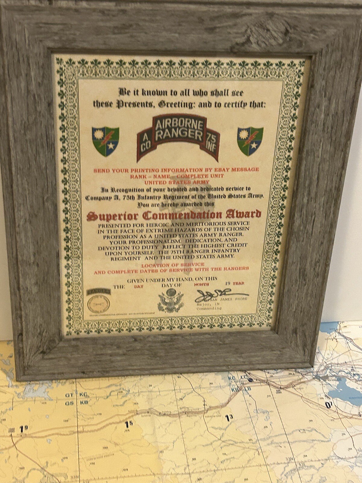 U.S. ARMY - 75TH RANGER / A CO - SUPERIOR COMMENDATION AWARD CERTIFICATE