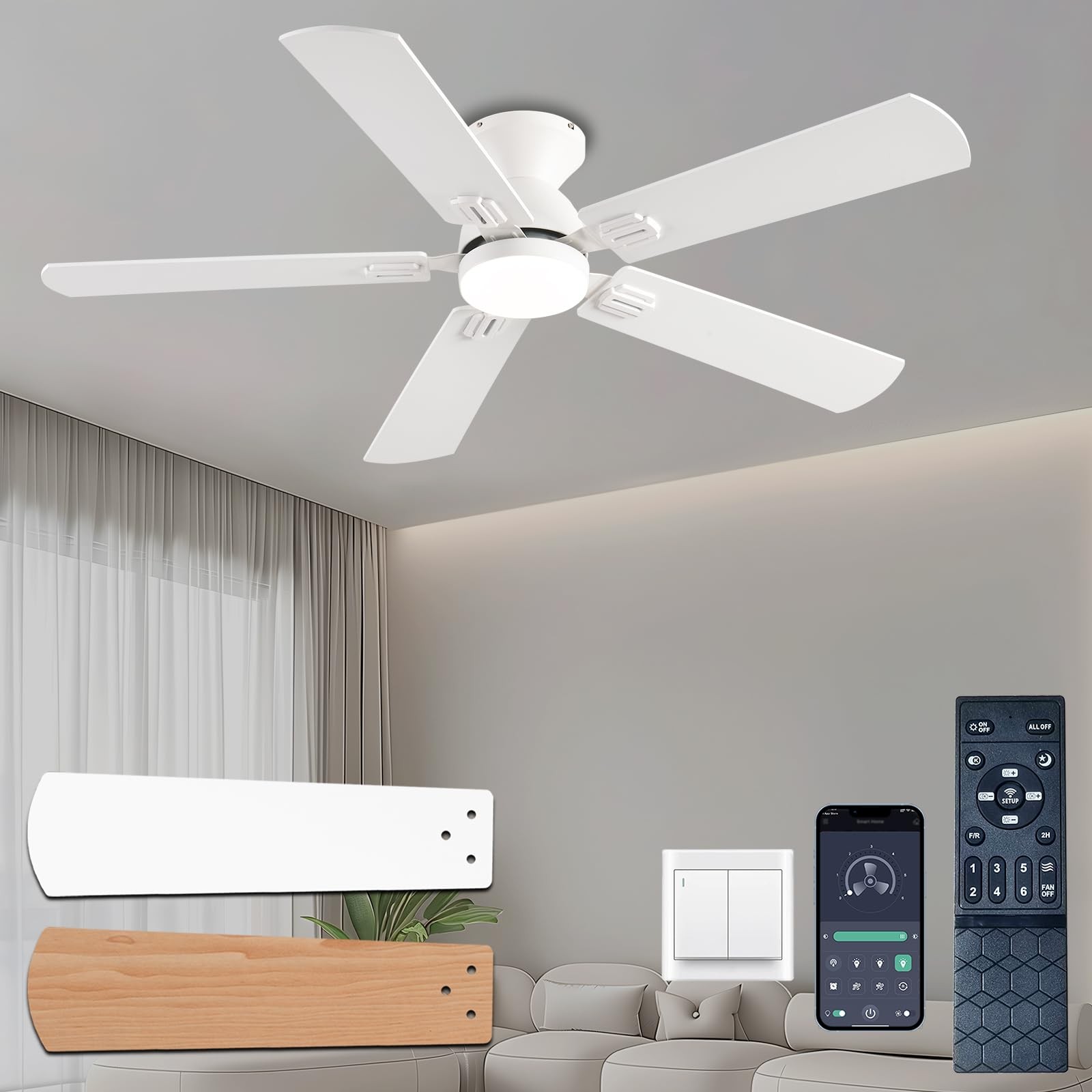 KNUN 52 inch Ceiling Fans with Lights, White Low Profile 52 inch,