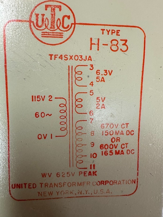 1 UTC H-83 6.3 @ 5A 5V@ 2A  600 VCT @ 165MA Single Ended 2A3 power transformer