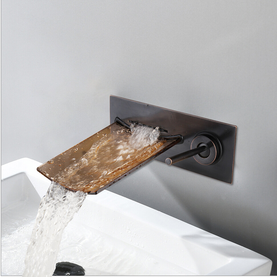 Brown Glass Waterfall Black Faucet Wall Mounted Bathtub Basin sink Mixer Tap