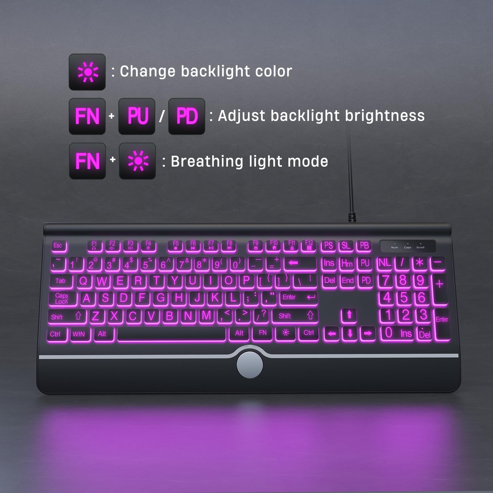 Computer Wired Keyboard, Large Print Backlit Keyboard with Wrist Rest, 7-Colors