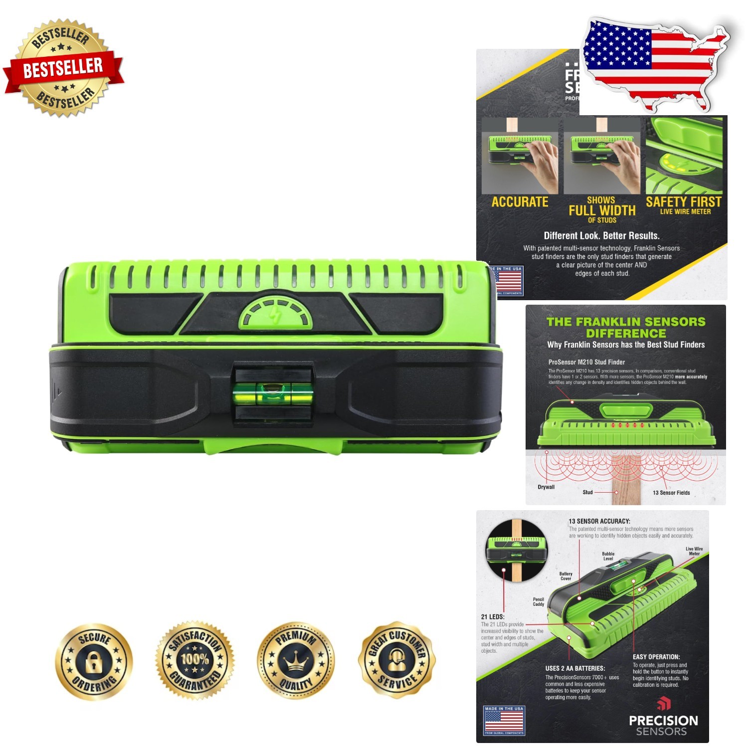 Durable ProSensor M210 Stud Finder Green Wall Scanner with Live Wire Detection
