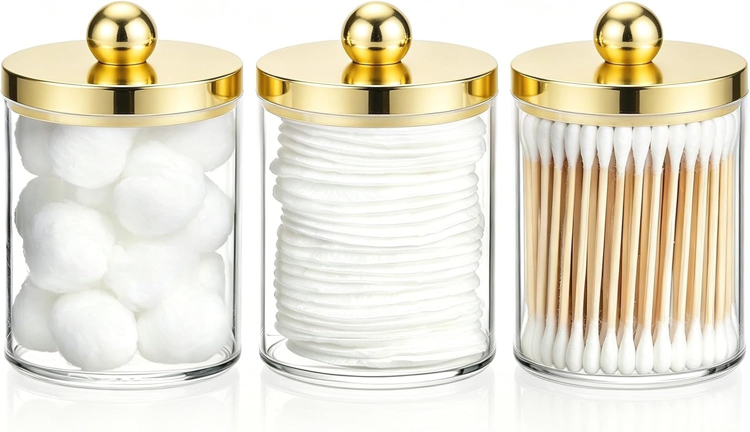 10oz Qtips Holder Bathroom Container - Plastic Apothecary Jar with Gold Lids for