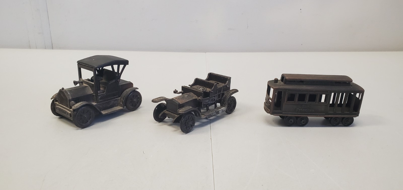 Antique Finished Die-cast Miniatures Pencil Sharpeners Lot Of 3 Cars Trolley