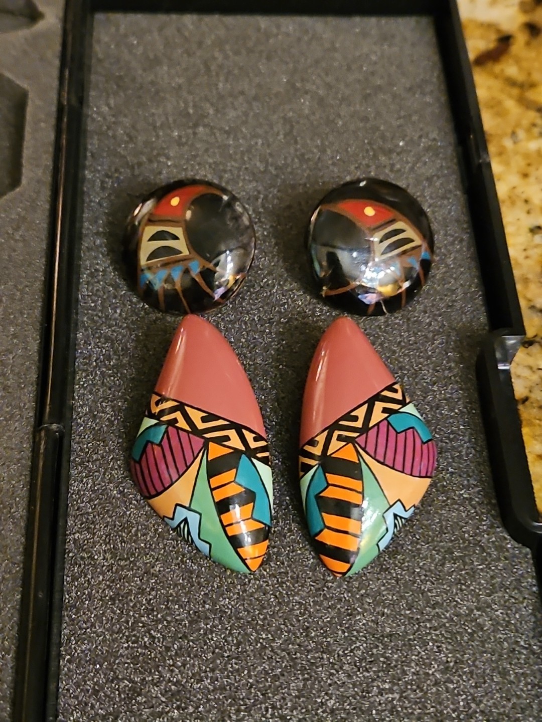 2 Vintage 80s Geometric Earrings Bold Colorful Funky Designs Signed ATC