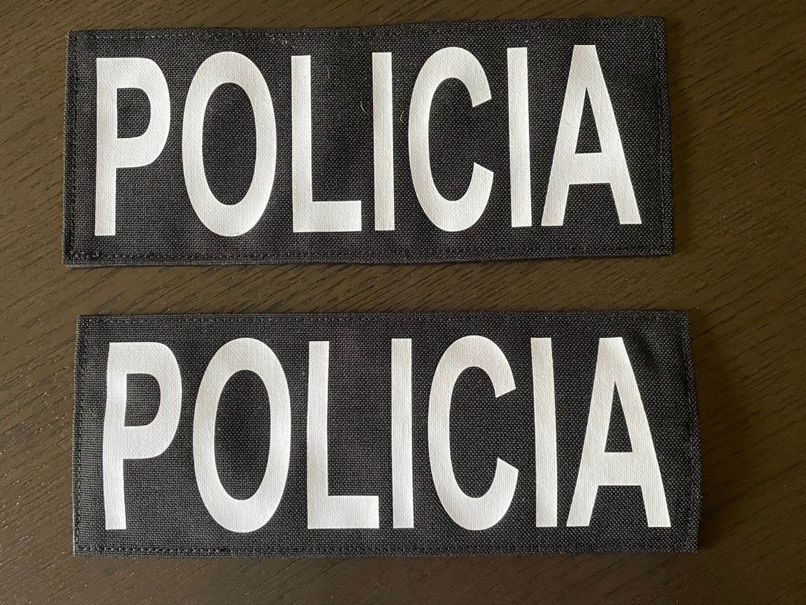 Black Cordura Nylon Set of 2 POLICIA Patch W/White Lettering Hook 10X4