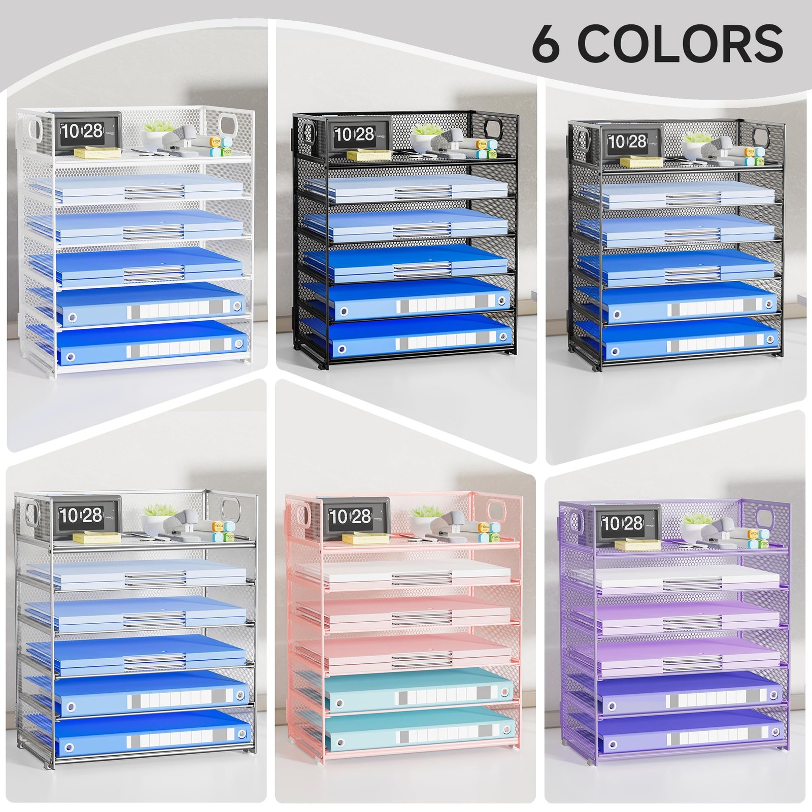 6Tier Metal Mesh Desk Paper File Organizer Handle Stackable Letter Tray