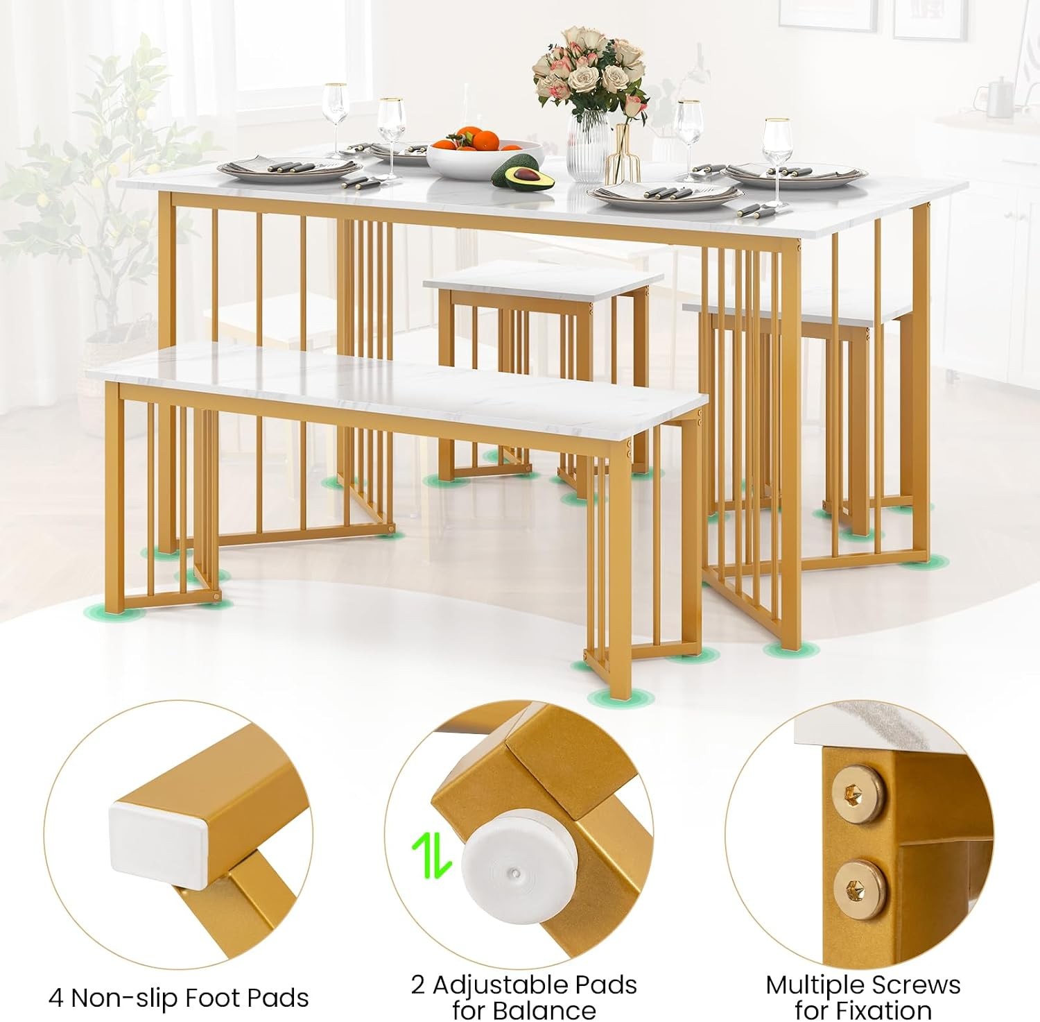 4-Piece Dining Table Set for 4, Kitchen Table Chairs Set with Bench & 2 Stools,