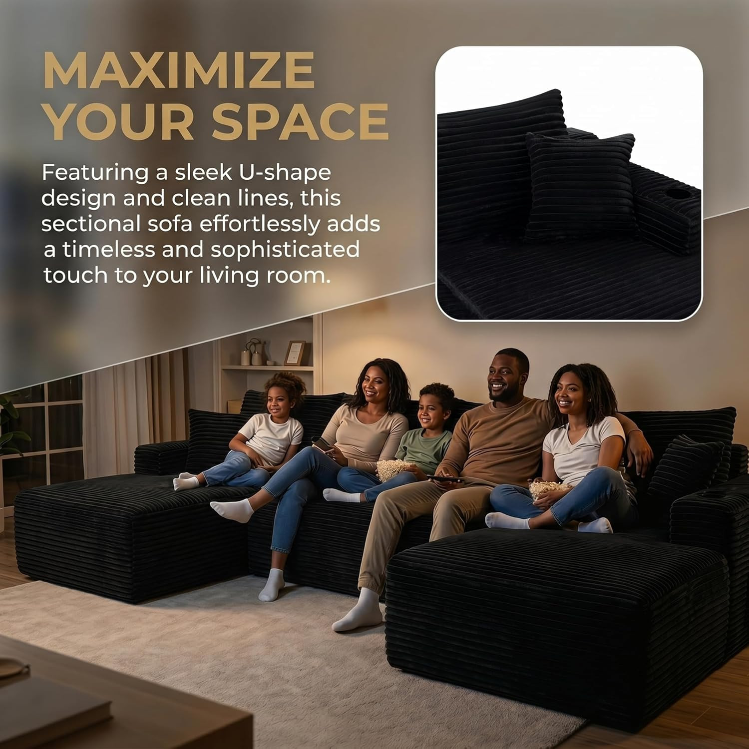 134" U-Shaped Modular Sofa with Cup Holders & Pockets - No Assembly, Black