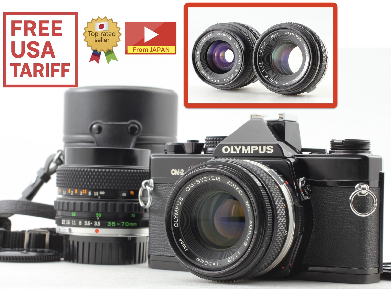 2 Lens / Prism OK [MINT] Olympus OM-2 Black Film Camera 50mm f1.8 /35-70mm JAPAN